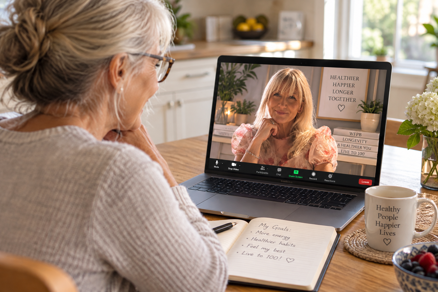 Woman in her 60s at her kitchen table on a video health coaching call with Sharon Mercedes, who appears on the laptop screen.