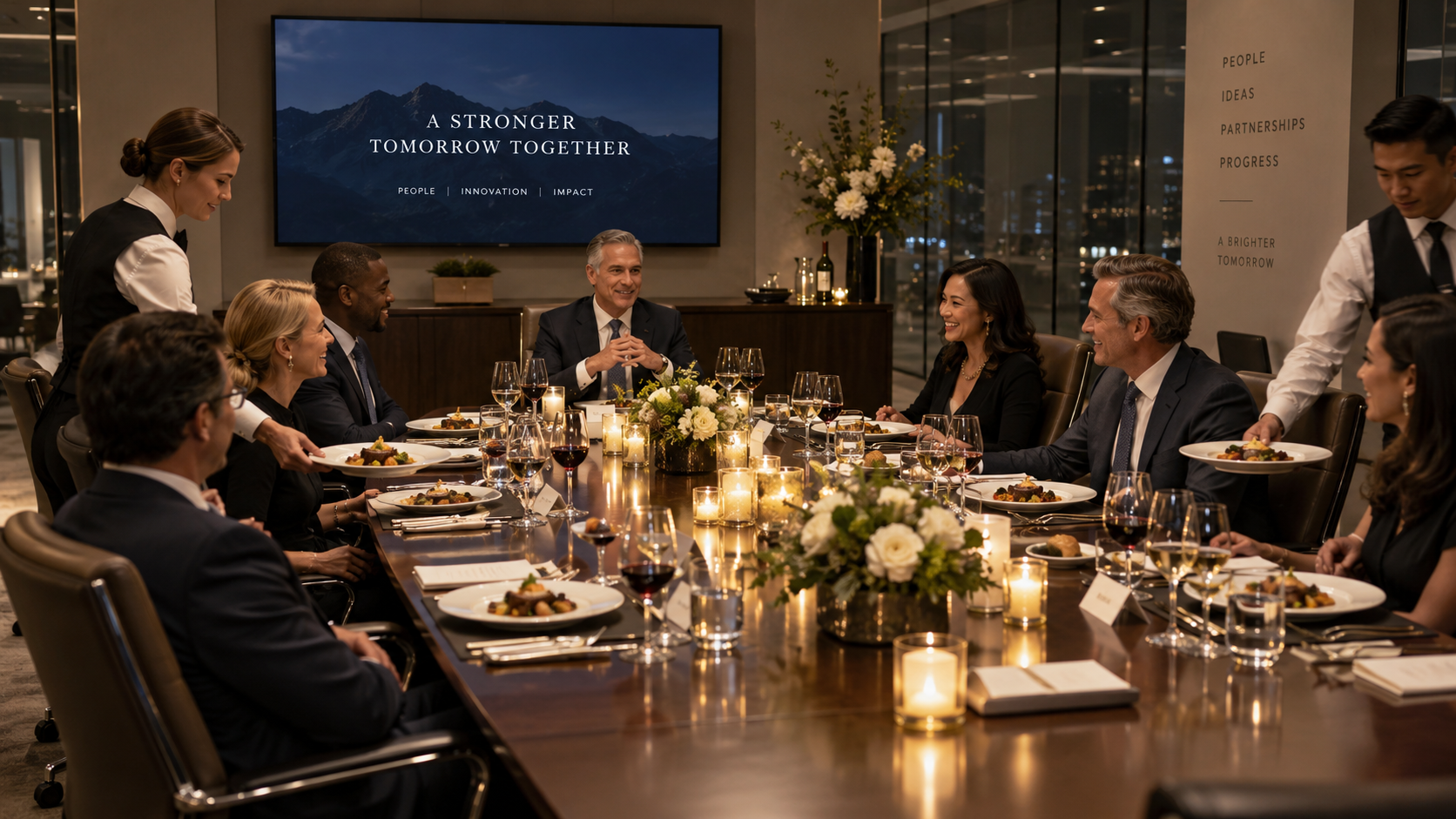Candlelit executive dinner in a city boardroom, with staff serving fresh, nourishing plated meals to guests