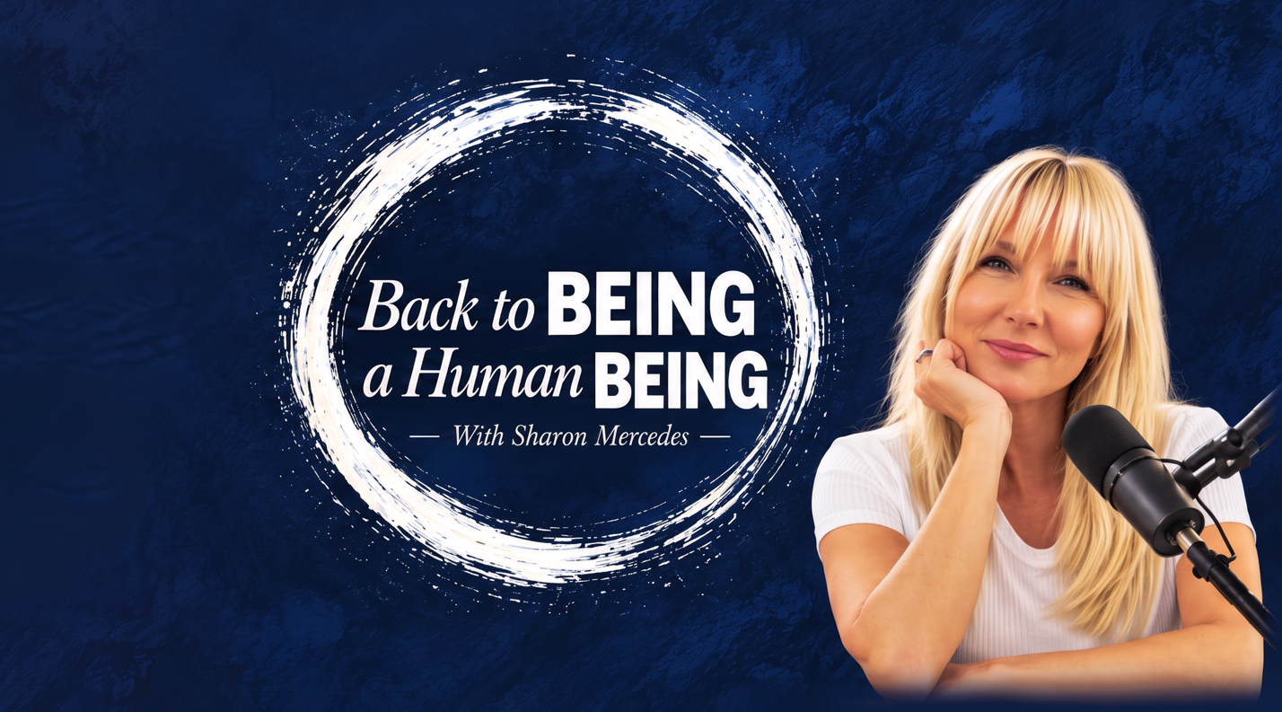 Sharon Mercedes at a studio microphone beside the Back to BEING a Human BEING circle logo.
