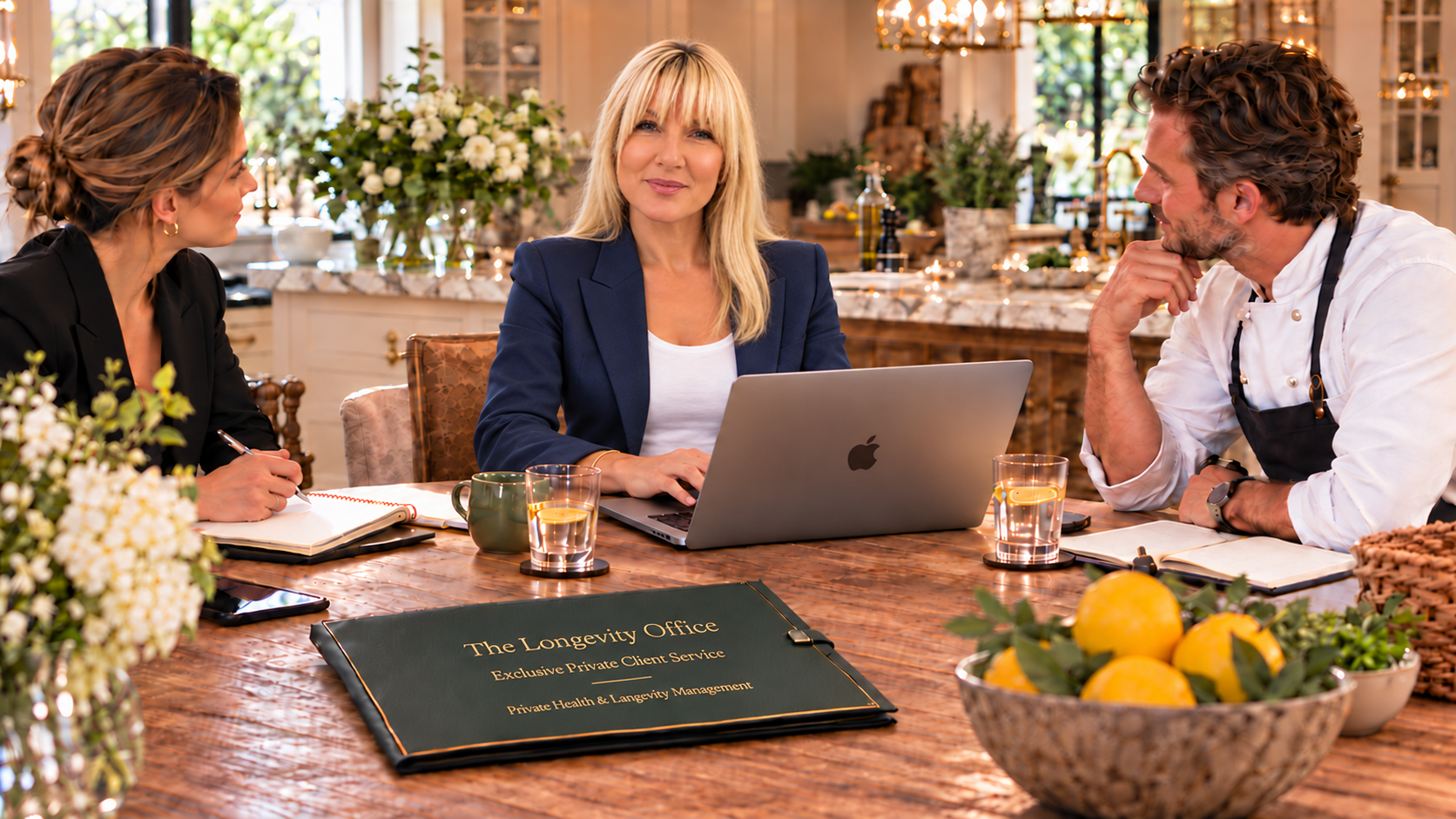 Sharon Mercedes in a private consultation with a personal assistant and private chef in a residential kitchen