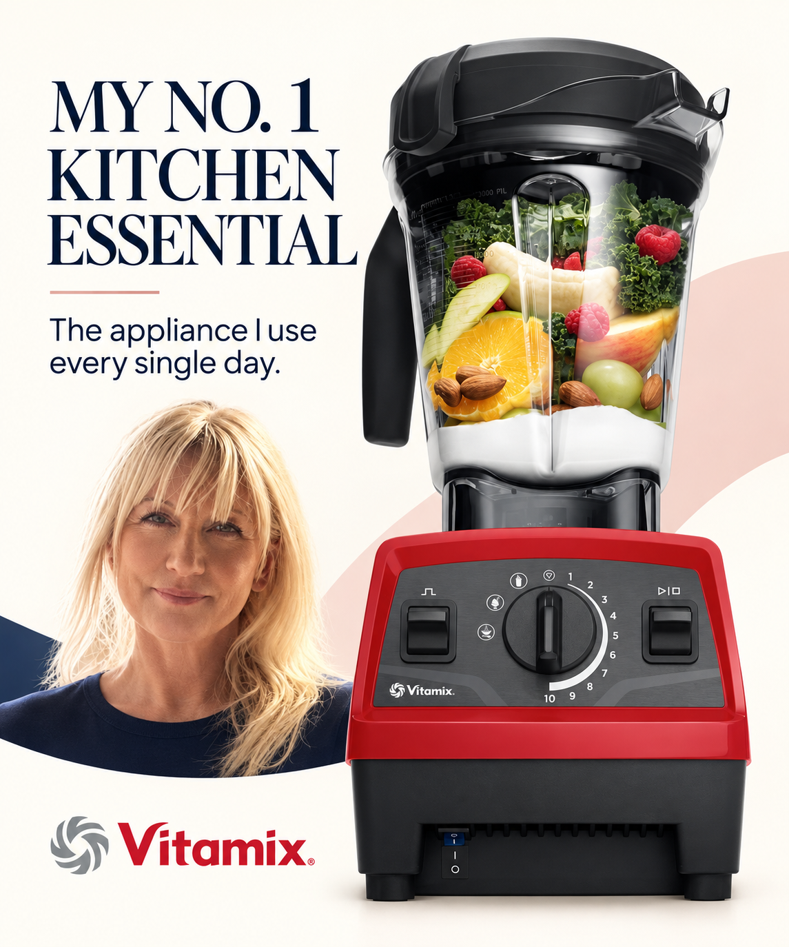 Sharon Mercedes beside a red Vitamix blender filled with fruit and vegetables, labelled My No. 1 Kitchen Essential