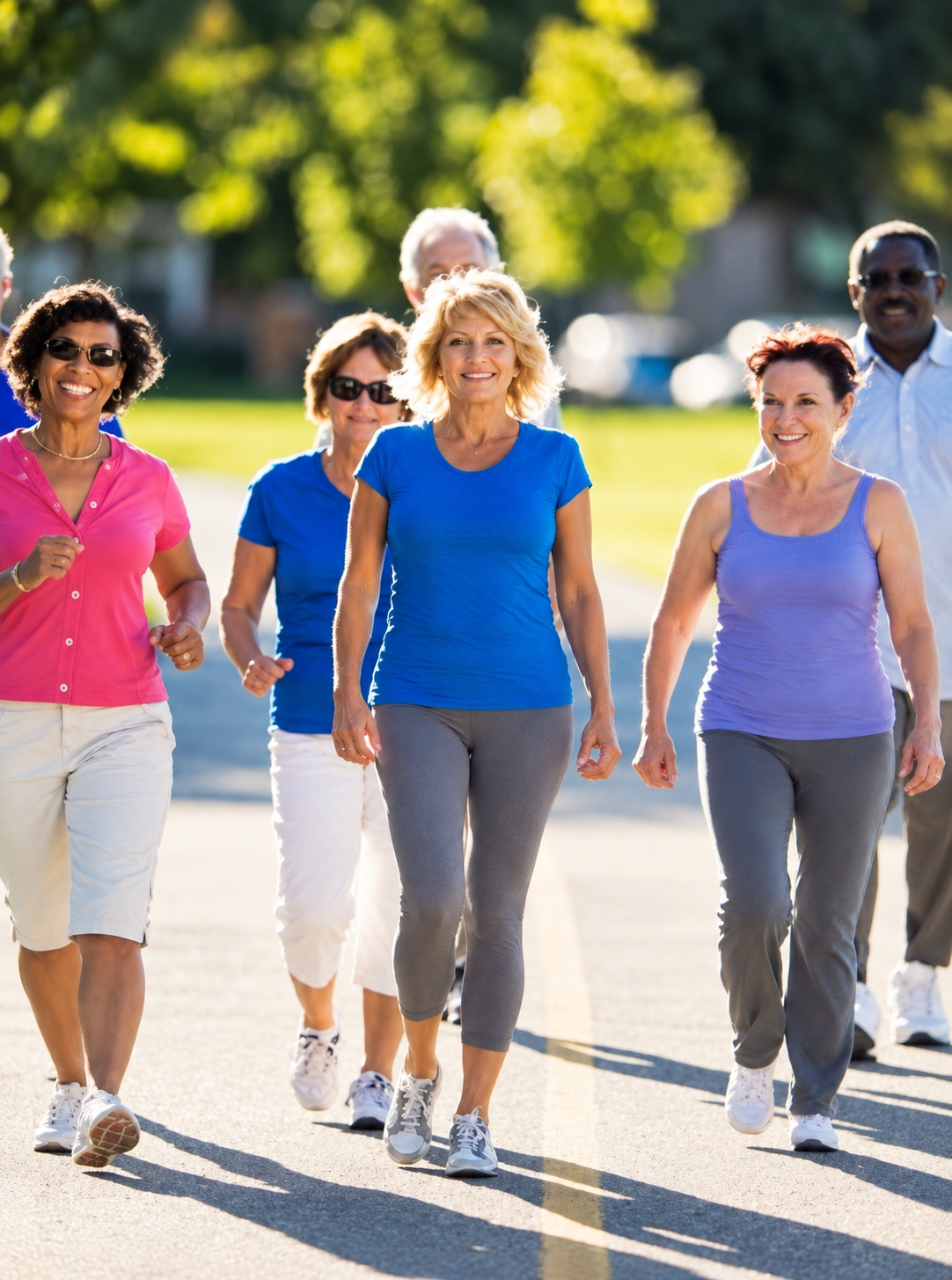 Group of people in colourful activewear walking together along a sunlit park path