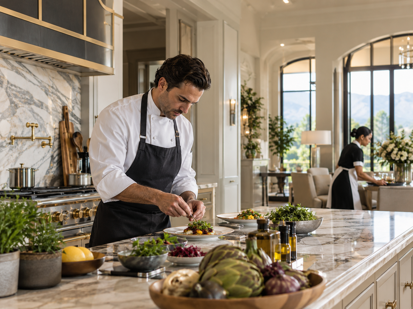 Private chef plating a fresh, nutritious dish in a luxury residential kitchen